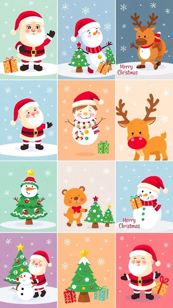 Cute Christmas cartoon wallpapers with Santa, reindeer, and snowmen in festive designs.